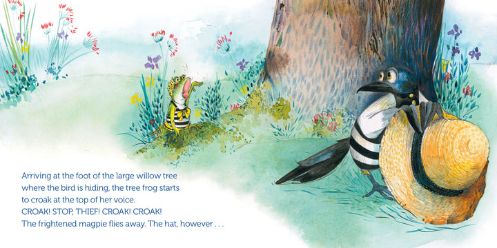 A lively, colorful illustration from "Antoinette the Tree Frog" by Schiffer Publishing, Ltd. shows a magpie in a straw hat near a willow tree, glancing at Antoinette the frog hidden among grass and flowers—a Monet-inspired scene perfect for children’s art books.