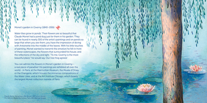 An illustration for Schiffer Publishing, Ltd.’s children’s book Antoinette the Tree Frog features a vibrant pond scene with floating water lilies and willow branches, capturing the beauty of nature and inspiring young readers’ creativity.