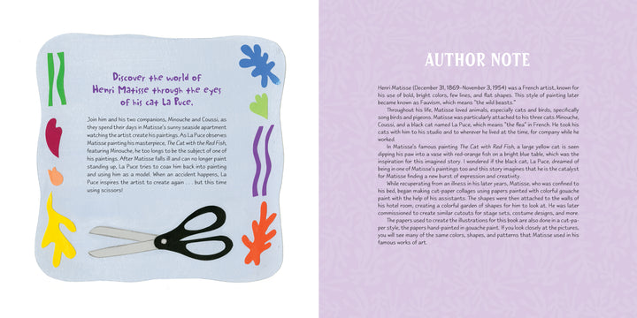 A two-page spread from "A Purr-fect Painting" by Schiffer Publishing, Ltd. shows cut paper shapes and scissors on the left, with Matisse and his cat La Puce, and an author note on his creative process on the right.