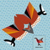 Stylized bird with angular red, orange, and black wings, black tail and legs, and white-spotted belly—like a paper-crafted bird—flies over a blue raindrop background. Inset: SPRING TURACO. From "Birds" by Schiffer Publishing, Ltd.