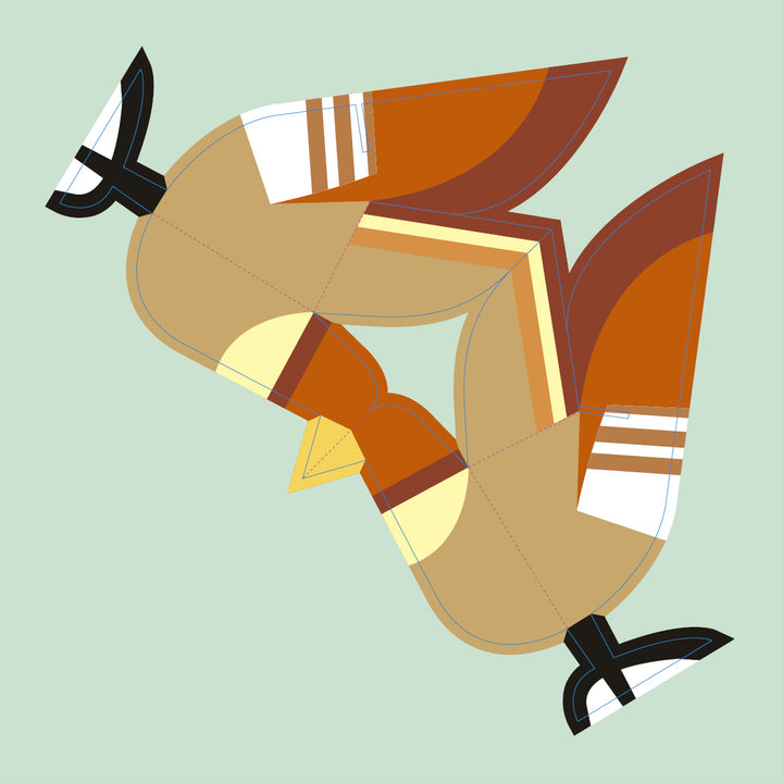 A geometric depiction of a bird with stylized, angular features and black, white, and orange accents on a pale green background. Product: Birds by Schiffer Publishing, Ltd.