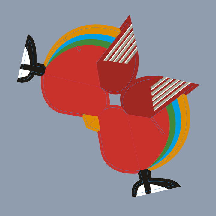 Birds by Schiffer Publishing, Ltd. features a stylized symmetrical bird with bold red body, maroon striped wings, black and white beak and feet, and layered yellow, green, and blue tail feathers on a gray background.