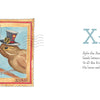 Wild Animal ABC by Schiffer Publishing, Ltd. features a postage stamp with a brown bird in a top hat on a branch, labeled JAN 2019, FIRST CLASS, USA POSTAL SERVICE, XOXO—beside the letter Xx and a rhyme about Xylo the Xenops.