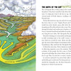 Awesome Chesapeake by Schiffer Publishing, Ltd. features an illustrated map of the bay with labeled rivers (fresh water in) and yellow arrows for salty ocean tides. Text explains its history and formation—ideal for elementary education or ecology books.