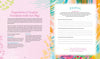 A spread from The Bright Book by Schiffer Publishing, Ltd. shows a pastel pink page on creative freedom by Jessi Raulet, and a light blue guided art journal page with lined prompts and a vibrant multicolored border.