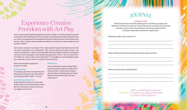A spread from The Bright Book by Schiffer Publishing, Ltd. shows a pastel pink page on creative freedom by Jessi Raulet, and a light blue guided art journal page with lined prompts and a vibrant multicolored border.