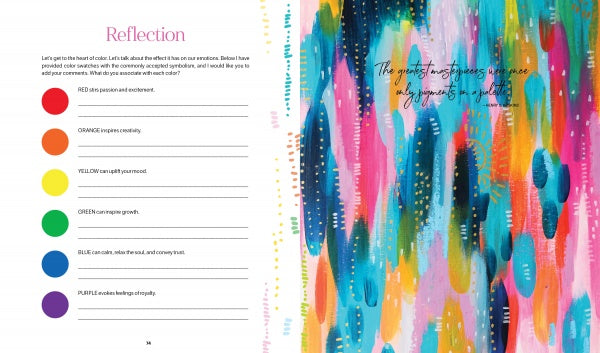 Experience "The Bright Book" by Schiffer Publishing, Ltd.: On the left, explore how colors evoke emotions. On the right, an abstract artwork with the handwritten quote—"The greatest happiness you can have is knowing you do not necessarily require happiness.