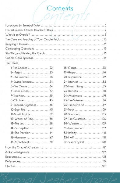 Table of contents from the Eternal Seeker Oracle by Schiffer Publishing, Ltd., with section titles and pages. Discover Rider-Waite-inspired art cards, card meanings, and unique cards such as The Seeker and The Magus for your journey.
