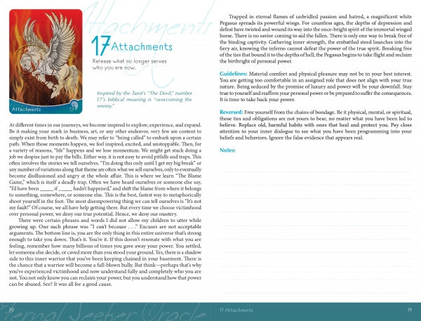 The Eternal Seeker Oracle by Schiffer Publishing, Ltd. includes a “17 Attachments” card, depicting a red and blue tarot card with a white pegasus, and offers Rider-Waite–inspired advice on letting go of attachments and overcoming unhelpful habits.