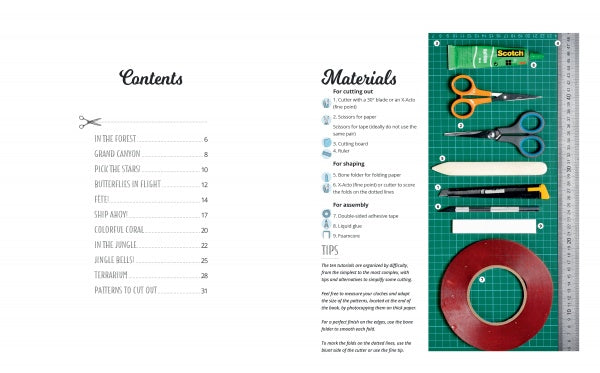 A table of contents from Schiffer Publishing, Ltd.’s "Little Paper Universes" appears on the left, while the right shows scissors, glue, tape, pencils, a ruler, and craft supplies on a green cutting mat.