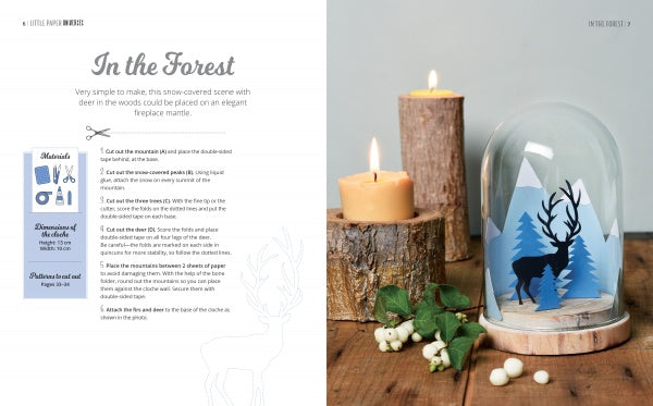 Little Paper Universes by Schiffer Publishing, Ltd. provides instructions and materials to craft a 3-D winter forest—complete with a paper deer, pine trees, and snow under a glass dome—ideal for paper crafting enthusiasts.