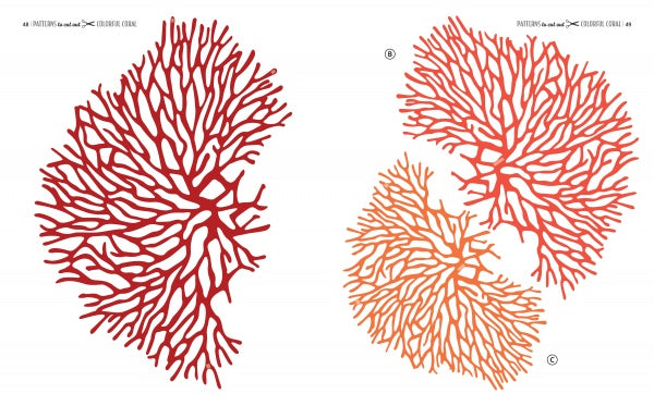 Little Paper Universes by Schiffer Publishing, Ltd. features vibrant coral illustrations—a large red branch on the left and two smaller orange and red corals on the right—perfect for 3-D paper scenes and paper art projects on a white background.