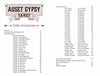Table of contents page for Auset Gypsy Tarot by Schiffer Publishing, Ltd. features the title banner atop a white background, with sections, card names from the major and minor arcana, and page numbers organized in columns.