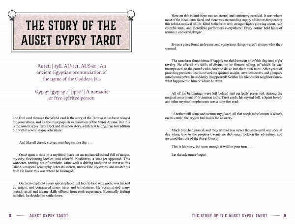 A two-page spread from Auset Gypsy Tarot by Schiffer Publishing, Ltd. features introductory text on this bohemian deck, its inspiration and purpose, with elegant borders and astrological symbols accenting the headings.