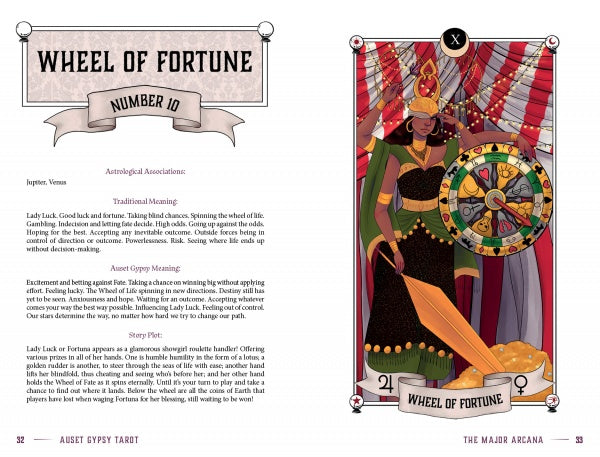 The Auset Gypsy Tarot by Schiffer Publishing, Ltd. features a Wheel of Fortune card with a regal woman beside a vibrant wheel, gold coins at her feet, and a sword in hand, set against astrological symbols and an ornate night sky.