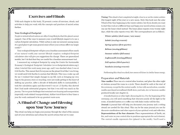 An informational two-column page from Sacred Actions by Schiffer Publishing, Ltd. describes earth-based exercises, rituals, and a ceremony for change and blessing with decorative borders, headings, steps, and materials for your personal practice.