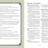 An open book, "Sacred Actions" by Schiffer Publishing, Ltd., shows poetic prose with a decorative border on the left and book recommendations on sustainable living—fermentation, permaculture, spirituality, and beekeeping—on the right.