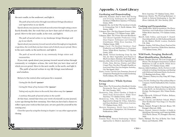 An open book, "Sacred Actions" by Schiffer Publishing, Ltd., shows poetic prose with a decorative border on the left and book recommendations on sustainable living—fermentation, permaculture, spirituality, and beekeeping—on the right.