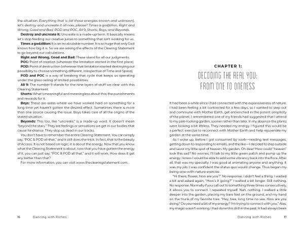 Two pages of "Dancing with Riches" by Schiffer Publishing, Ltd.: The left page finishes a bulleted list discussing POD, POC, right/wrong, good/bad, clearing statements, and energy transformation; the right opens Chapter 1: Decoding the Real You: From I to Oneness.
