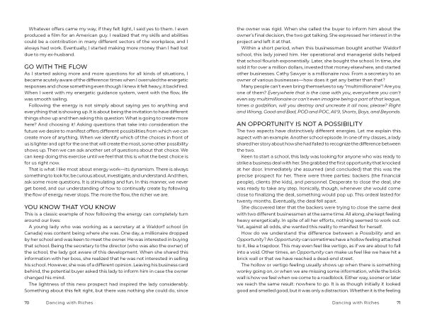 A two-page spread from "Dancing with Riches" by Schiffer Publishing, Ltd. features black text on white, exploring personal experiences, self-acceptance, and creating your desired life. The chapter heading reads “GO WITH THE FLOW.”.