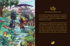 Two people in hats stand by a path with a steam carriage and vibrant plants. On the right, text about Ally encourages presence, inspired by intuitive healing cards. Product: Secret Woods by Schiffer Publishing, Ltd.