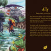 Two people in hats stand by a path with a steam carriage and vibrant plants. On the right, text about Ally encourages presence, inspired by intuitive healing cards. Product: Secret Woods by Schiffer Publishing, Ltd.