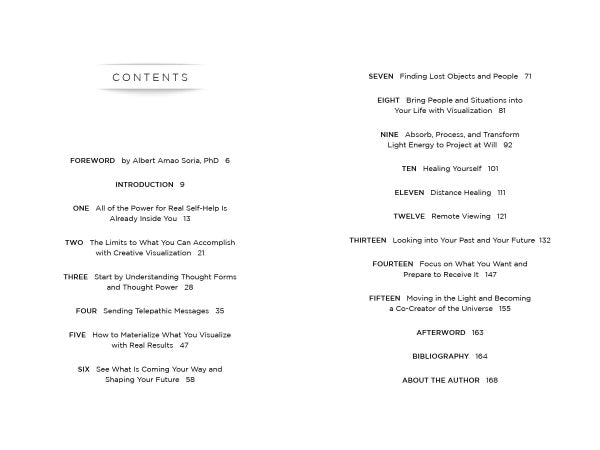 Manifesting by Schiffer Publishing, Ltd. includes a table of contents with chapters on real self power, telepathy, creative visualization, manifesting desires, thought power, intuition, finding lost objects—plus foreword, bibliography, and author bio.