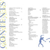Table of contents page for Tarot in Motion by Schiffer Publishing, Ltd. features “CONTENTS” in large, vertical yellow and blue letters on the left, chapters with page numbers, and two abstract blue dancers symbolizing healing at the bottom right.