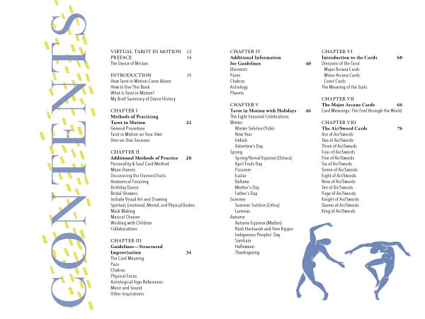 Table of contents page for Tarot in Motion by Schiffer Publishing, Ltd. features “CONTENTS” in large, vertical yellow and blue letters on the left, chapters with page numbers, and two abstract blue dancers symbolizing healing at the bottom right.