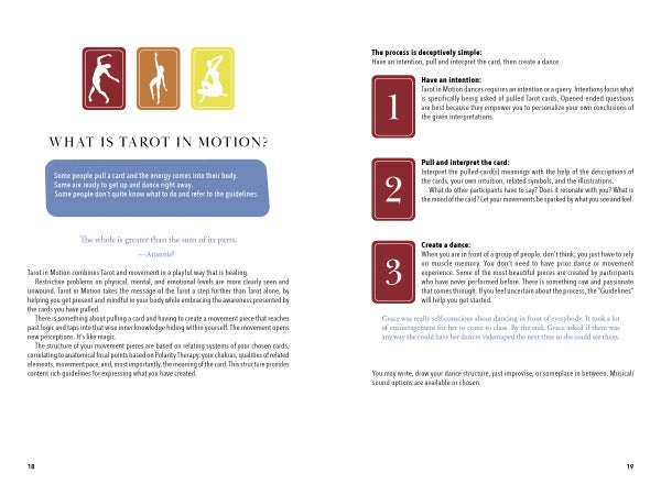 A two-page spread from "Tarot in Motion" by Schiffer Publishing, Ltd. features a blue-header page on movement and Tarot card healing, while the opposite page presents three steps in colorful boxes with detailed explanations.