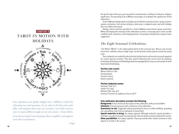 A book spread from *Tarot in Motion* by Schiffer Publishing, Ltd. shows a wheel diagram with eight seasonal celebrations on the left and their Tarot card meanings listed as “The Eight Seasonal Celebrations” on the right page.