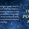 Against a starry night sky, the left shows a description for TRAVELING BY THE STARS by Schiffer Publishing, Ltd. about using astrology for travel advice. On the right, bold gold text says: HAVE THE BEST TRIP POSSIBLE USING ASTROLOGY!.