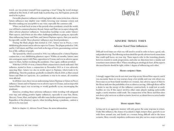 An open book, TRAVELING BY THE STARS from Schiffer Publishing, Ltd., shows protective travel tips and planetary influences on the left; on the right, Chapter 12 shares astrology advice to avoid travel disasters during Moon and Mars phases.
