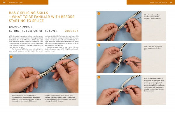 A step-by-step page from Modern Splicing by Schiffer Publishing, Ltd. shows hands removing a rope core using modern splicing methods, with detailed text and four close-up photos of the process on the right side.