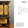 An ornate gold and black antique cabinet with intricate details stands on a wooden floor to the left; to the right is the table of contents for "American Furniture Anatomy" by Schiffer Publishing, Ltd.