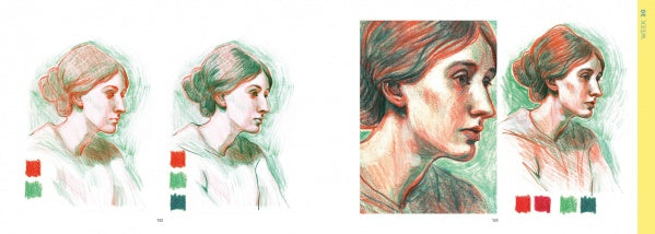 Discover "The Little Drawing Workshop" by Schiffer Publishing, Ltd.—three portraits of a brown-haired woman in profile, each with red, green, or beige tones and matching swatches—ideal for exploring drawing basics or your unique style.