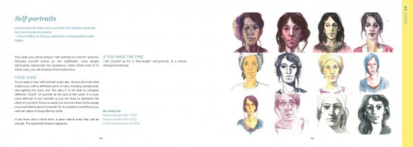 A spread from "The Little Drawing Workshop" by Schiffer Publishing, Ltd. features self-portrait drawing lessons and a grid of twelve illustrated self-portraits in varied styles, colors, and techniques to showcase diverse expressions and personal flair.