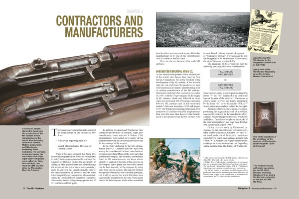 A magazine spread titled "Contractors and Manufacturers" in The M1 Carbine by Schiffer Publishing, Ltd. features rifle images, a city aerial photo, a vintage Winchester ad, and two men with an M1 carbine, plus text and captions.