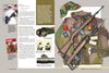 A double-page spread from *The M1 Carbine* by Schiffer Publishing, Ltd. showcases WWII military gear—uniforms, helmet, canteen, magazines, a YANK magazine, gun barrels, and iconic rifles like the M1 carbine—with descriptive text throughout.