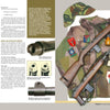 A double-page spread from *The M1 Carbine* by Schiffer Publishing, Ltd. showcases WWII military gear—uniforms, helmet, canteen, magazines, a YANK magazine, gun barrels, and iconic rifles like the M1 carbine—with descriptive text throughout.