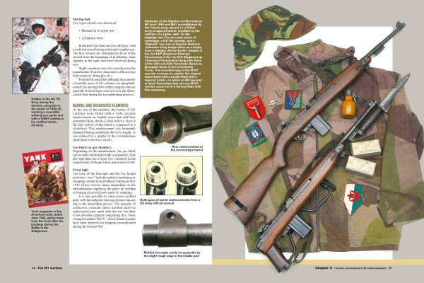 A double-page spread from *The M1 Carbine* by Schiffer Publishing, Ltd. showcases WWII military gear—uniforms, helmet, canteen, magazines, a YANK magazine, gun barrels, and iconic rifles like the M1 carbine—with descriptive text throughout.