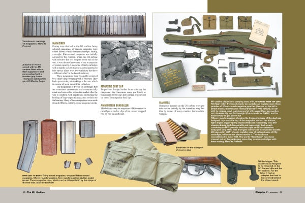 A two-page spread from Schiffer Publishing, Ltd.'s "The M1 Carbine" showcases WWII gear—rifle magazines, ammo, pouches, a semiautomatic rifle, cleaning tools, bayonet, and vest—with labels and historical background.