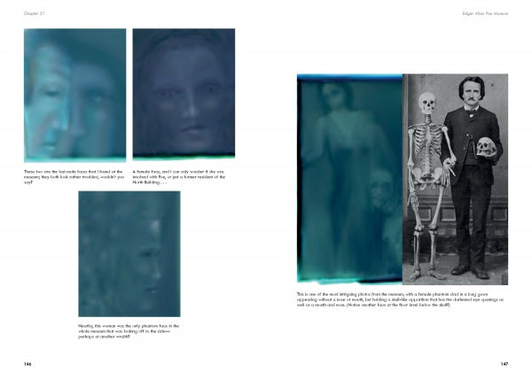 Four blue-tinted images show ghostly faces, paired with a black-and-white photo of a man in a suit with a skeleton. Captions accompany the images, representing "Breakthrough Ghost Photography of Haunted Historic Virginia" by Schiffer Publishing, Ltd.