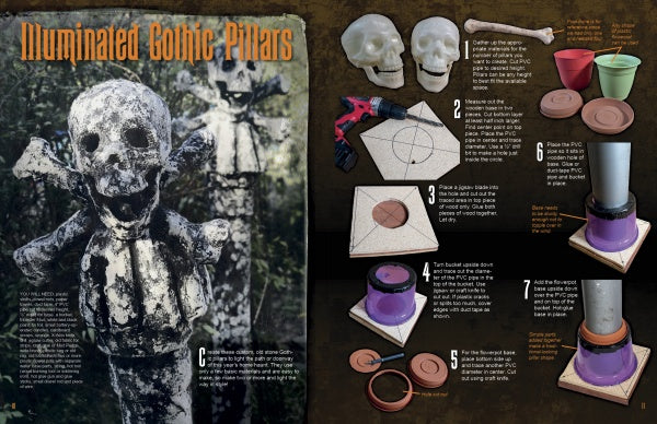 Best of How to Haunt Your House, Volume II by Schiffer Publishing, Ltd. includes a Halloween DIY guide for illuminated gothic pillars with skull toppers—complete with instructions, step photos, materials, and spooky display ideas across two pages.
