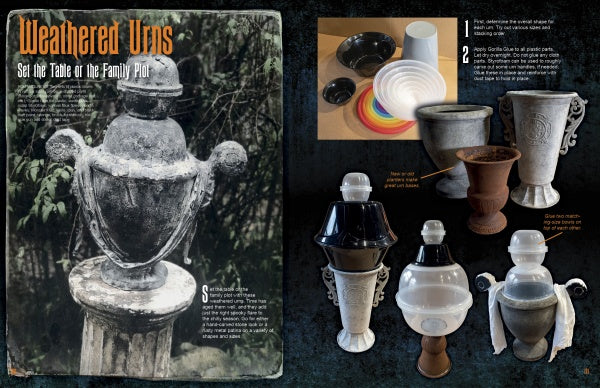 Best of How to Haunt Your House, Volume II from Schiffer Publishing, Ltd. offers step-by-step DIY guides—like making weathered urns from planters and paint—for spooky Halloween décor with detailed photos on a dark background.
