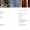 The image displays the table of contents from "The Enigma of Shadow Weave Illuminated" by Schiffer Publishing, Ltd., alongside a colorful, intricately woven fabric that showcases the artistry and technique behind shadow weave.