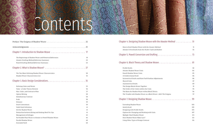The image displays the table of contents from "The Enigma of Shadow Weave Illuminated" by Schiffer Publishing, Ltd., alongside a colorful, intricately woven fabric that showcases the artistry and technique behind shadow weave.