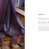 A purple and red handwoven textile with fringe drapes over a wooden chair. On the right, text reads: "The Enigma of Shadow Weave Illuminated" by Schiffer Publishing, Ltd., on a white background.