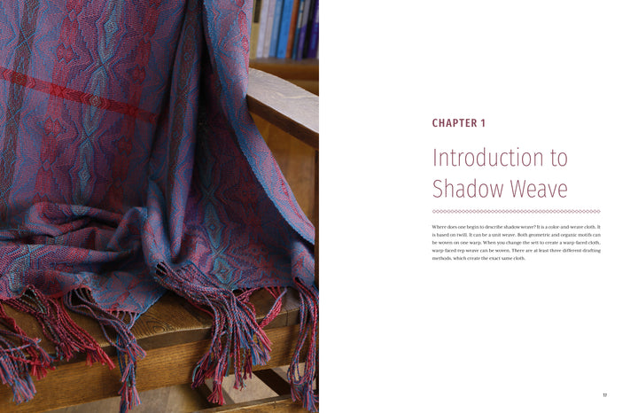 A purple and red handwoven textile with fringe drapes over a wooden chair. On the right, text reads: "The Enigma of Shadow Weave Illuminated" by Schiffer Publishing, Ltd., on a white background.
