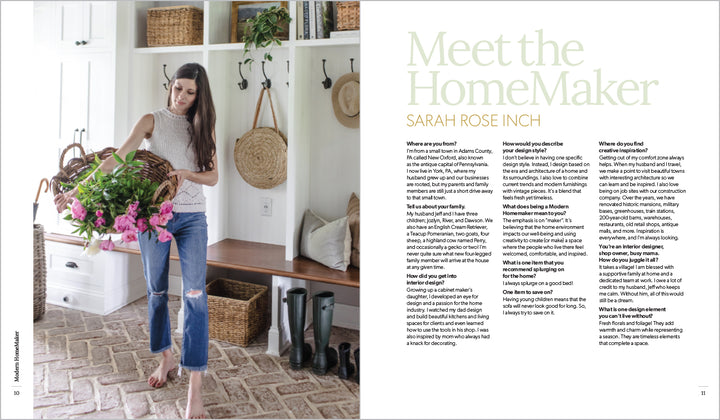 A woman in casual clothes holds a wicker basket with pink flowers in a bright, tidy mudroom. Text beside her introduces “Modern HomeMaker” by Schiffer Publishing, Ltd.—a must for creative homeowners.